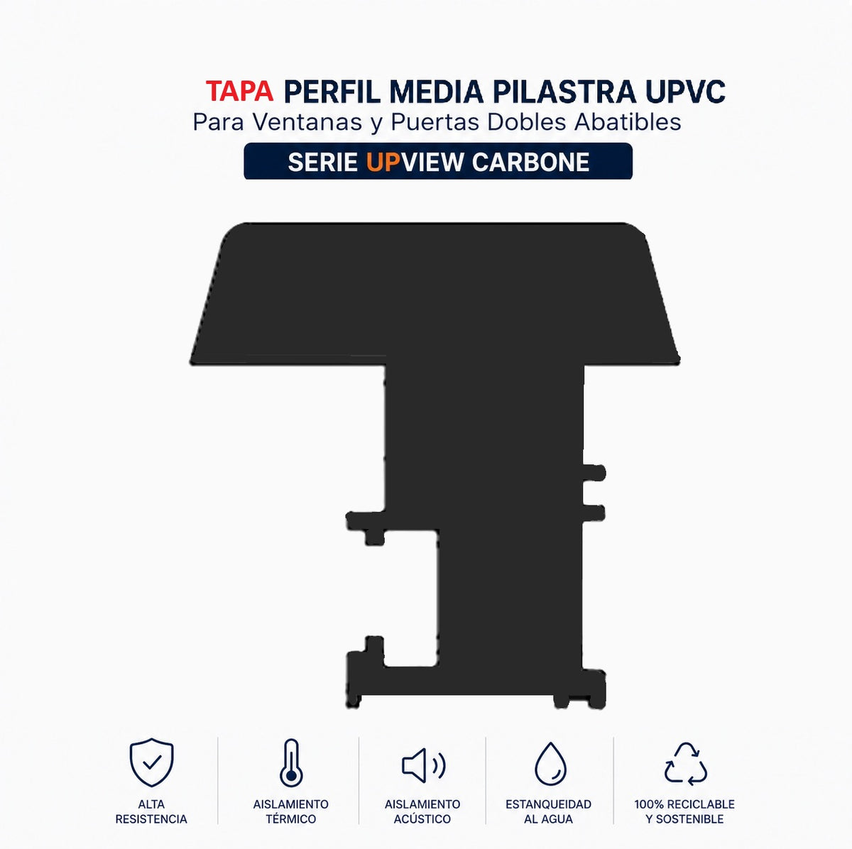 Tapa detalle final de corte de Perfil Media pilastra unión de venta y puerta abatible doble UPVC Upview Carbone Espesor Largo 5.85M Color MARRON | Acabado Profesional Para Ventanas PVC