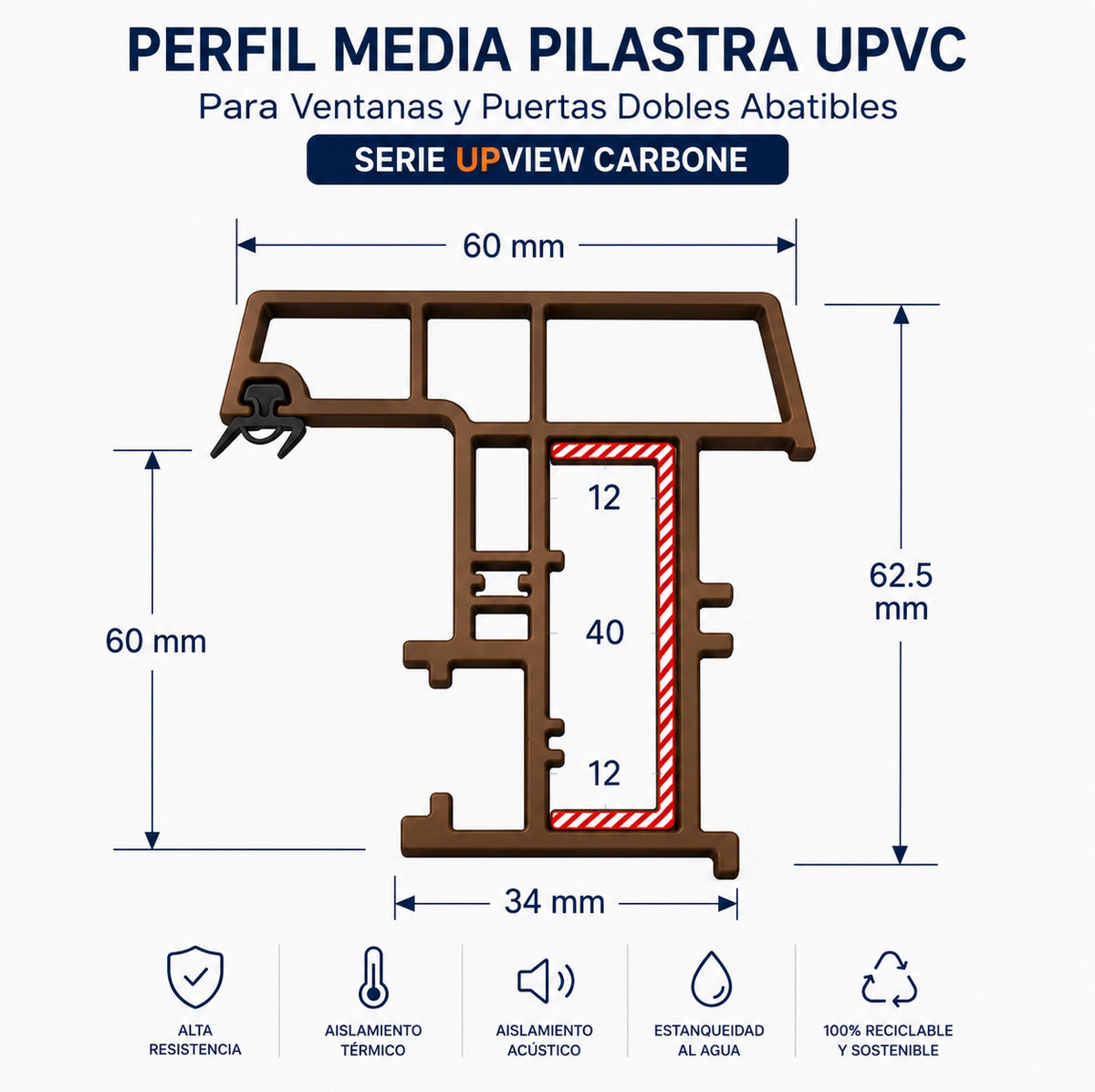 Perfil Media pilastra unión de venta y puerta abatible doble UPVC Upview Carbone Espesor Largo 5.85M Color MARRON Microtexturizado