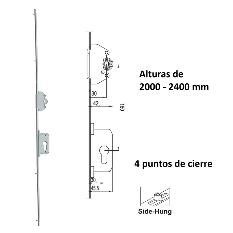 Barra de transmisión Para Ventanas uPVC y Aluminio, operada con cilindro y doble maneta (no incluidos) (altura max. 2001-2400mm)