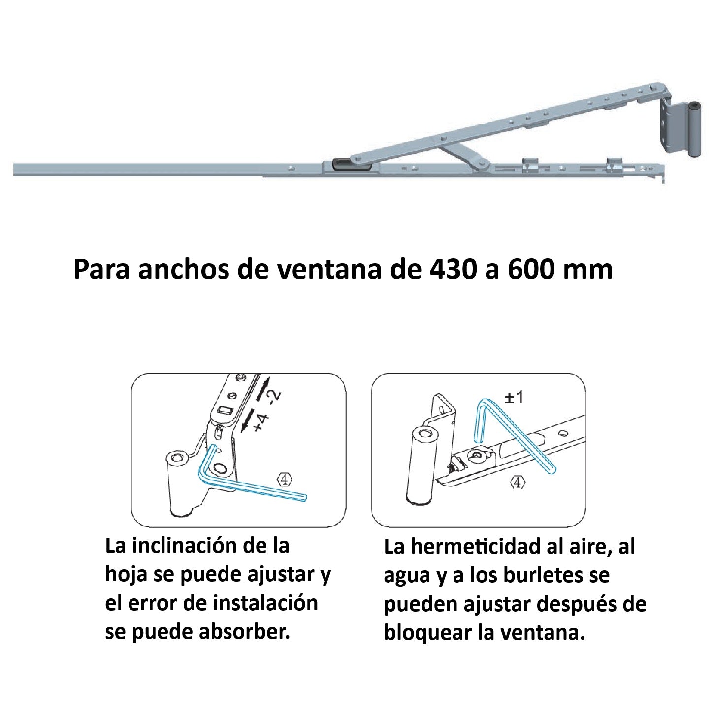 Bisagra biela para sistema Oscilobatiente uPVC y Aluminio (Ancho max. 430 - 600 mm)