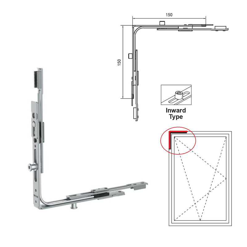 Bisagra volteadora superior esquinera para para sistemas oscilobatientes en ventanas uPVC y aluminio