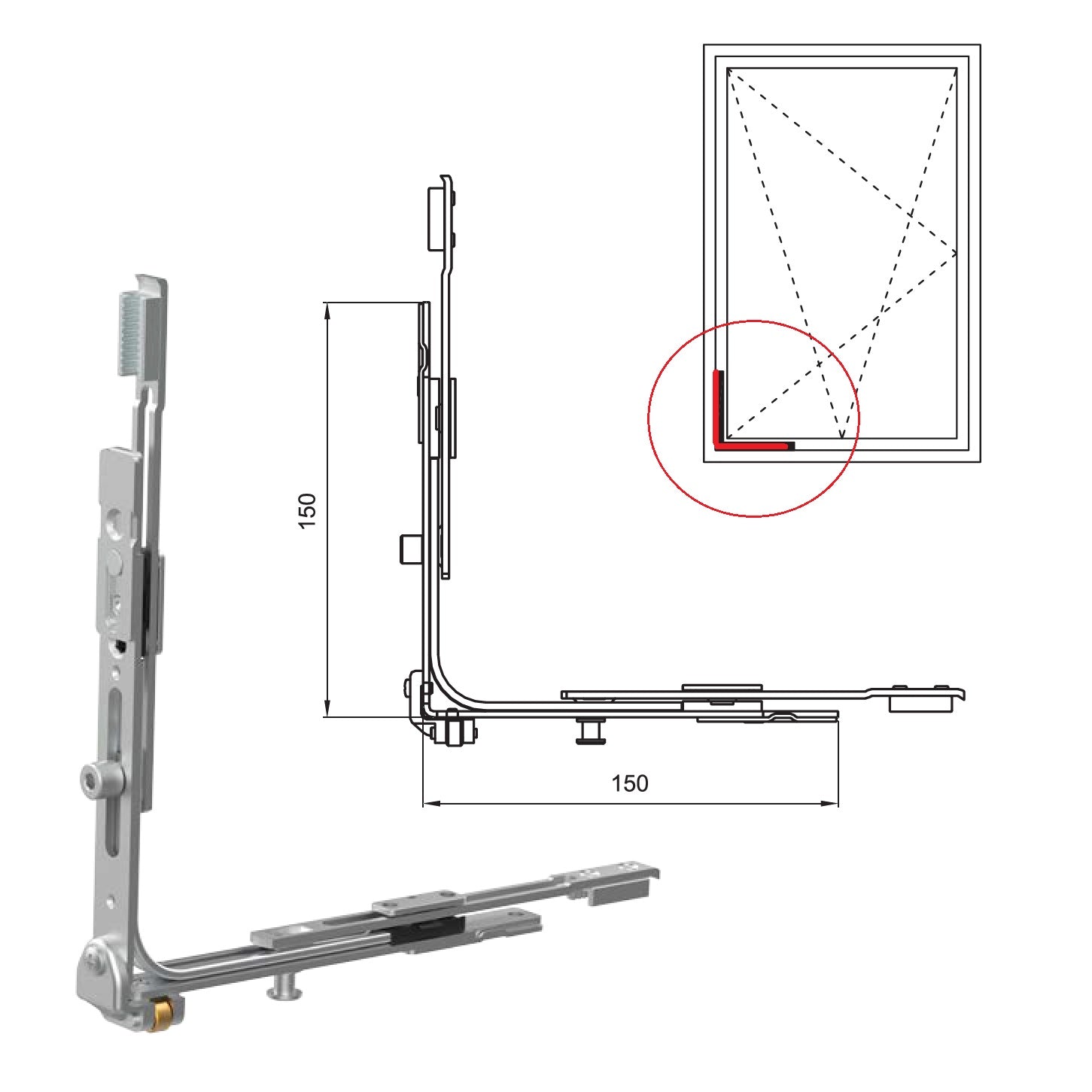 Bisagra volteadora inferior esquinera para para sistemas oscilobatientes en ventanas uPVC y aluminio