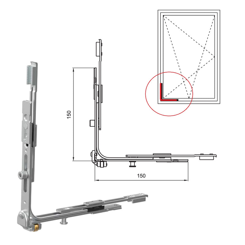 Bisagra volteadora inferior esquinera para para sistemas oscilobatientes en ventanas uPVC y aluminio