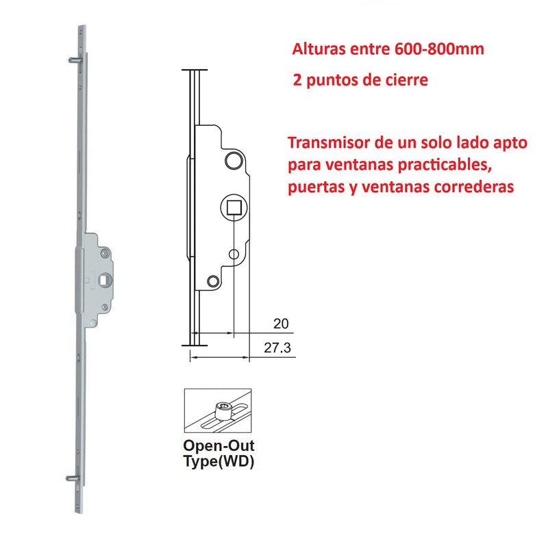 Barra de transmisión un solo lado Para Ventanas abatibles y correderas uPVC y Aluminio (altura max. 600-800mm)