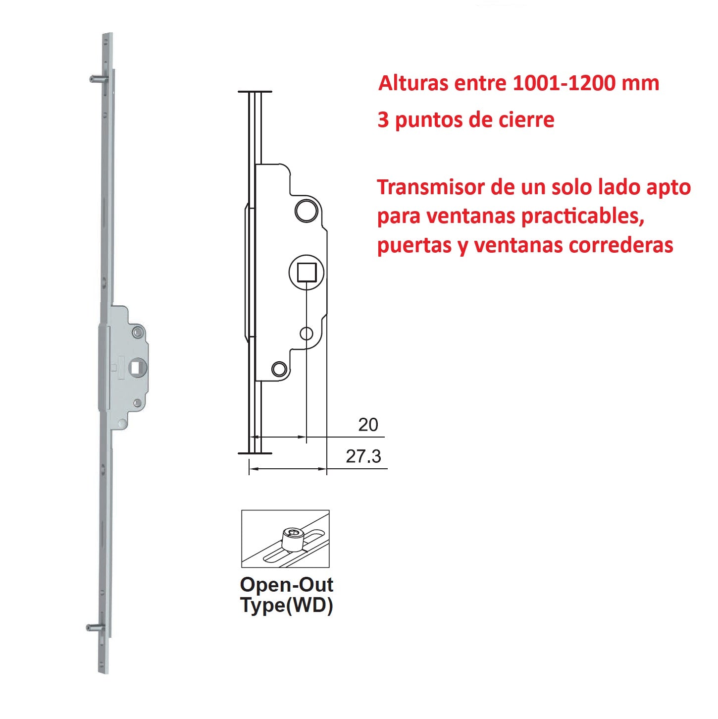 Barra de transmisión un solo lado Para Ventanas abatibles y correderas uPVC y Aluminio (altura max. 1000-1200mm)