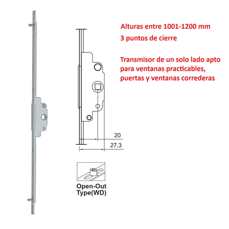 Barra de transmisión un solo lado Para Ventanas abatibles y correderas uPVC y Aluminio (altura max. 1000-1200mm)
