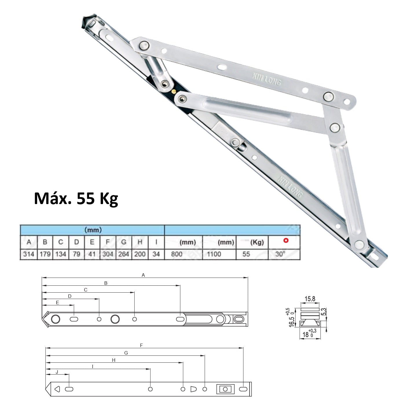 Bisagra Proyectable de Fricción max. 55kg para Ventanas uPVC Acero Inoxidable 304