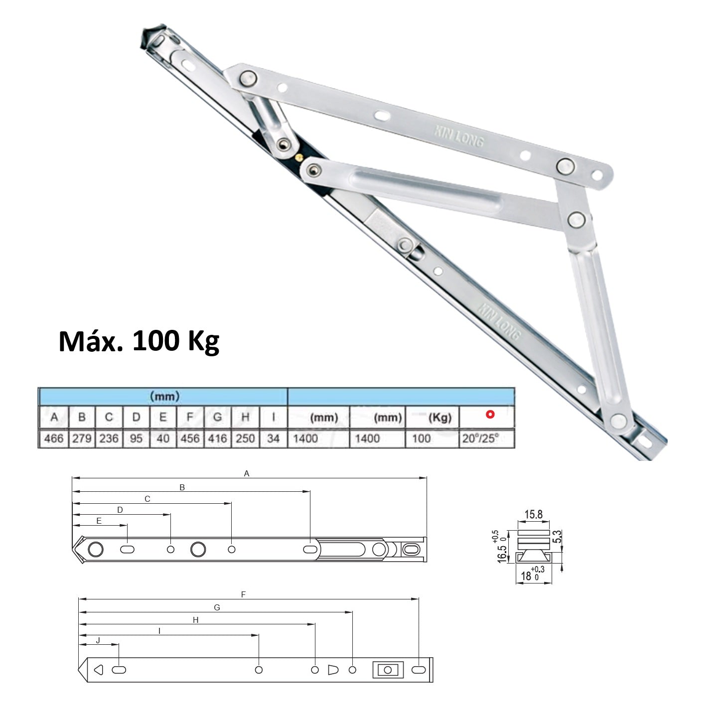 Bisagra Proyectable de Fricción max. 100kg para Ventanas uPVC Acero Inoxidable 304