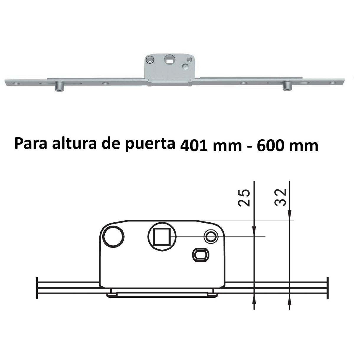 Barra de transmisión Transmisor 2 Puntos de Cierre Para Ventanas y Puertas Corredizas en PVC y Aluminio (altura de 401 - 600 mm)