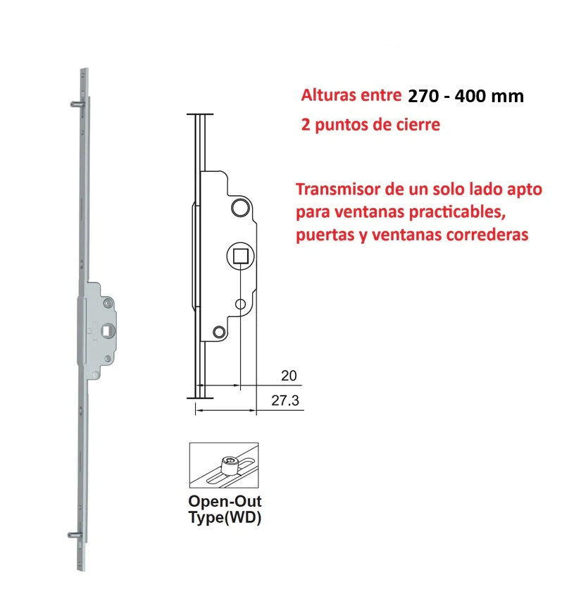 Barra de transmisión un solo lado Para Ventanas abatibles y correderas uPVC y Aluminio (altura max. 270-400mm)