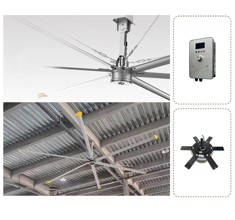 Abanico de techo industrial 8 pies(2.48m) Ventilador Comercial HVLS 6 aspas, ahorrador, cubre 4300m3/min (300m2) Monofasico 110V / 60Hz - 800w/2.8Amp super silencioso
