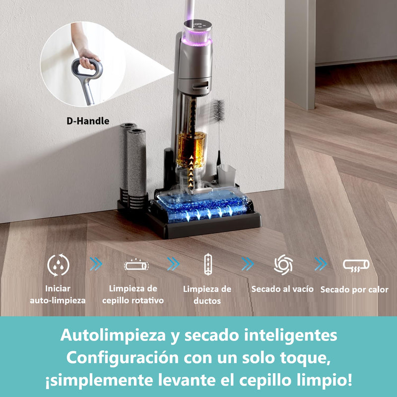 Aspiradora inteligente inalambrica recargable, Mopa y aspira, seco y húmedo 200W bateria 22,2V 4000 mAh LI-ION funcion de autolimpieza, secado y electrolisis de agua