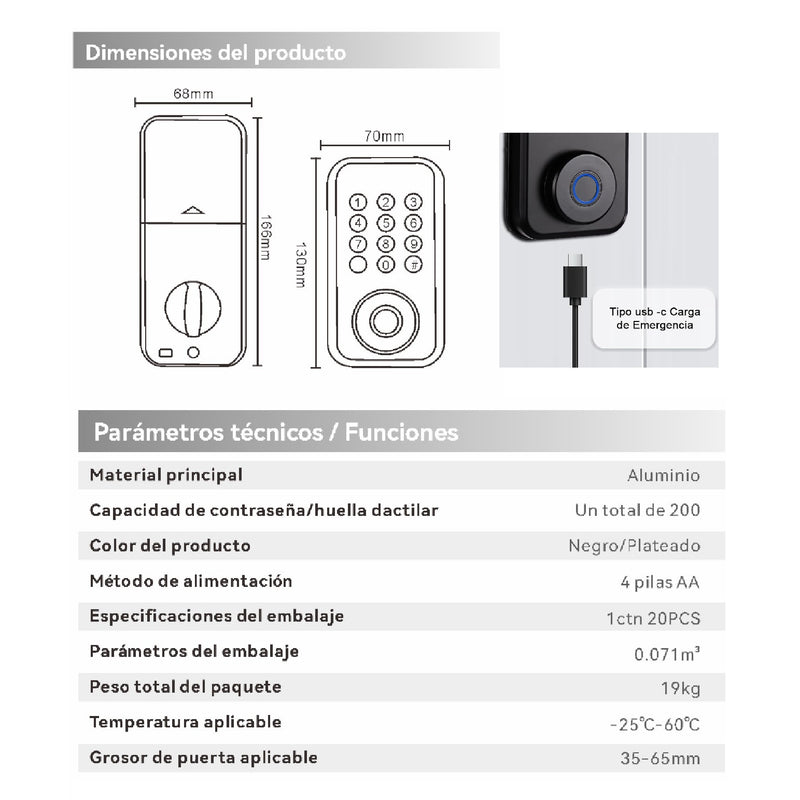 Cerradura Inteligente Digital Cerrojo Smart Lock 5 en 1 Llave Huella contraseña Bluetooth Tuya app fácil de instalar