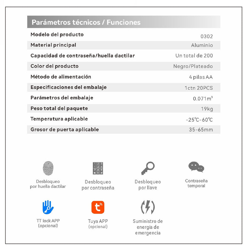 Cerradura Inteligente Digital Cerrojo Smart Lock 5 en 1 Llave Huella contraseña Bluetooth Tuya app fácil de instalar