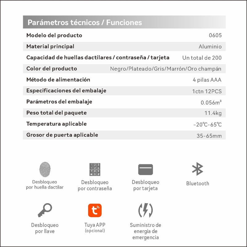 Cerradura Inteligente Manija de puerta Cerrojo Smart Lock 6 en 1 Llave Huella tarjeta contraseña Bluetooth Tuya app fácil de instalar