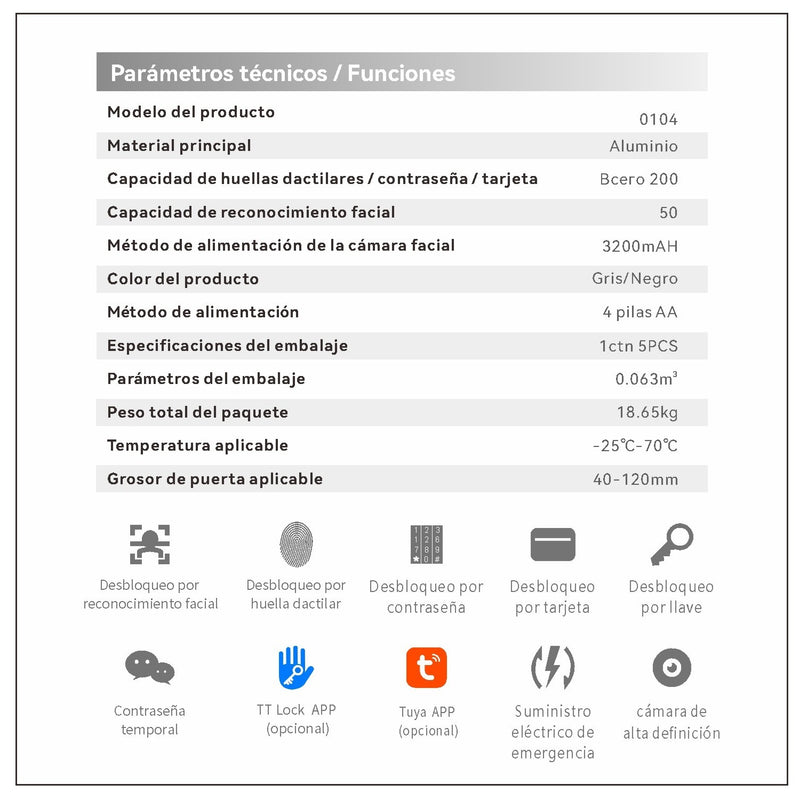 Cerradura Inteligente Digital Cerrojo Smart Lock reconocimiento facial 6 en 1 Llave Huella contraseña Bluetooth Camara app fácil de instalar