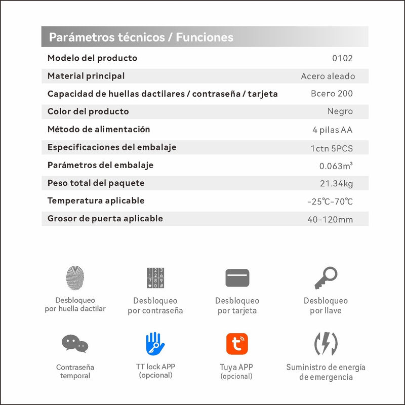 Cerradura Inteligente Digital Cerrojo Smart Lock 5 en 1 Llave Huella contraseña app fácil de instalar