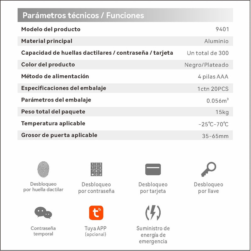 Cerradura Inteligente Manija de puerta Cerrojo Smart Lock 5 en 1 Llave Huella tarjeta contraseña Tuya app fácil de instalar