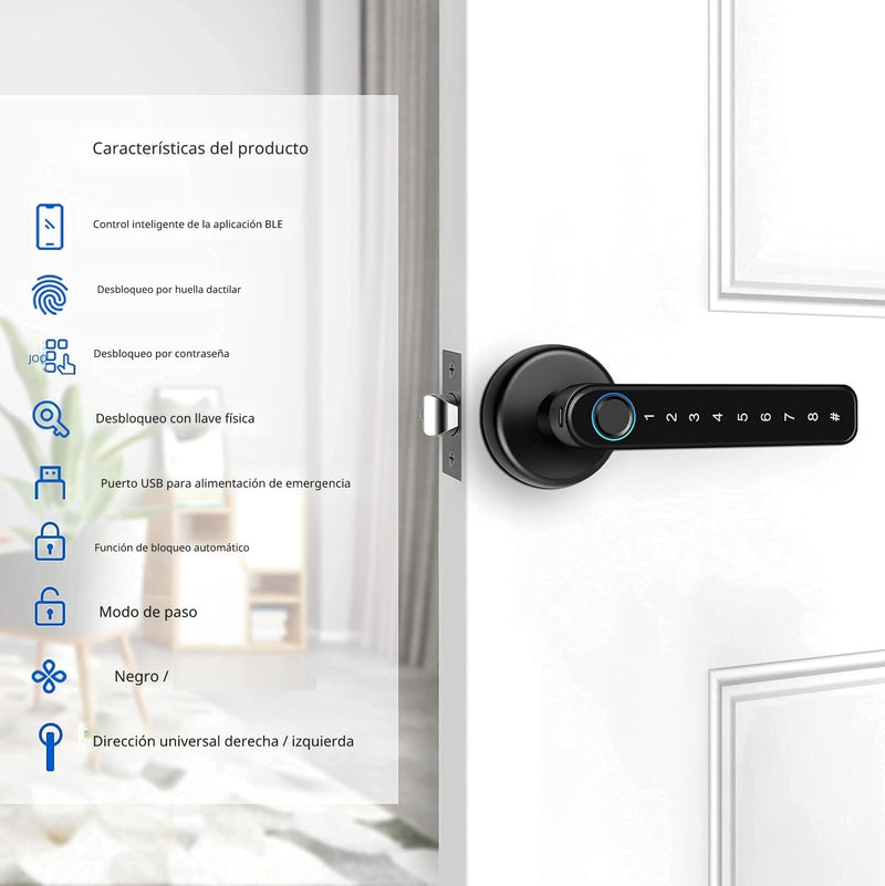 Cerradura Inteligente Manija de puerta Cerrojo Smart Lock 5 en 1 Llave Huella tarjeta contraseña Tuya app fácil de instalar