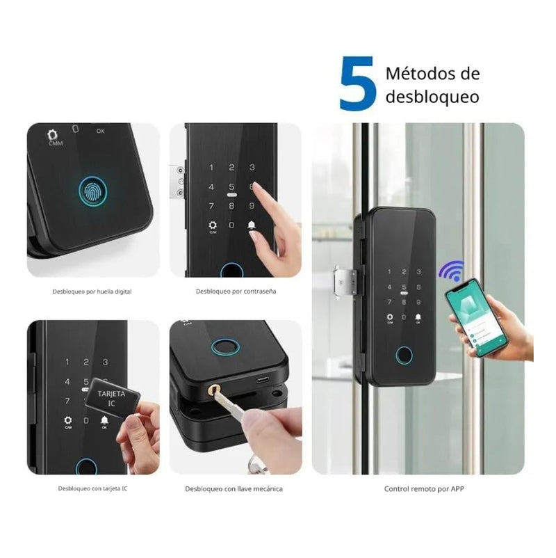 Cerradura Inteligente para puertas de vidrio Cerrojo Smart Lock 5 en 1 Llave Huella tarjeta contraseña Tuya app fácil de instalar sin perforar el vidrio