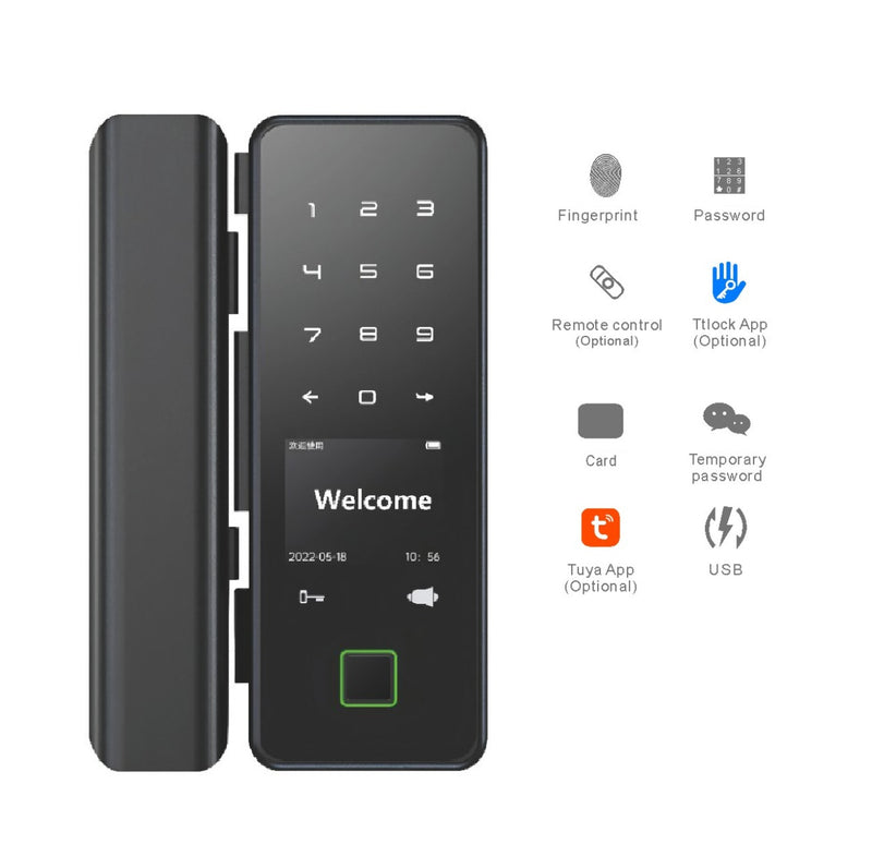 Cerradura Inteligente para puertas de vidrio Cerrojo Smart Lock 5 en 1 Llave Huella tarjeta contraseña Tuya app fácil de instalar sin perforar el vidrio