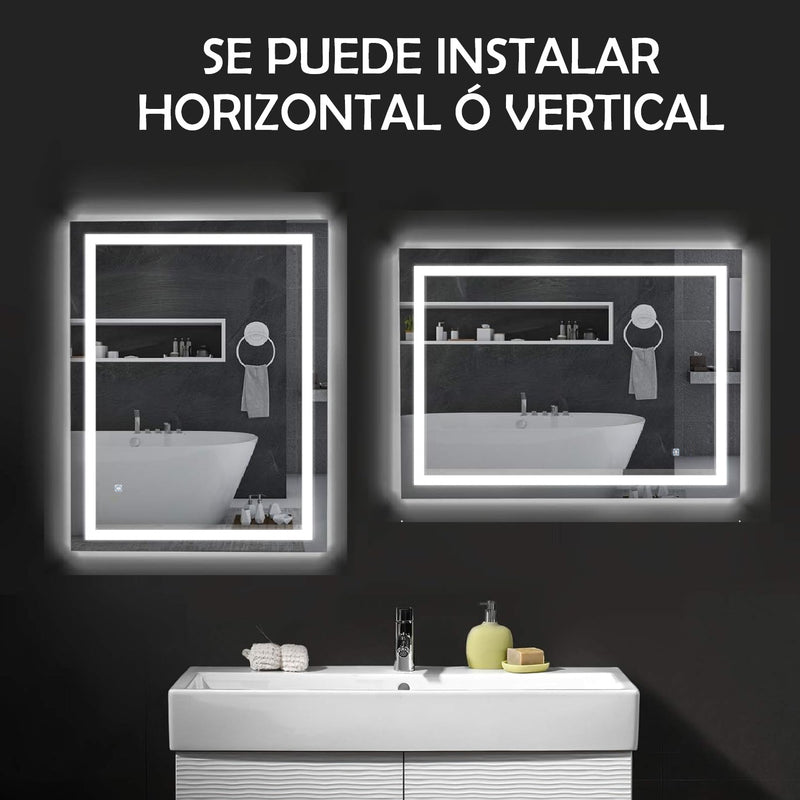 Espejo rectangular 60x150 cm con luz LED de 3 tonos boton tactil funciona para instalacion Vetical y Horizontal