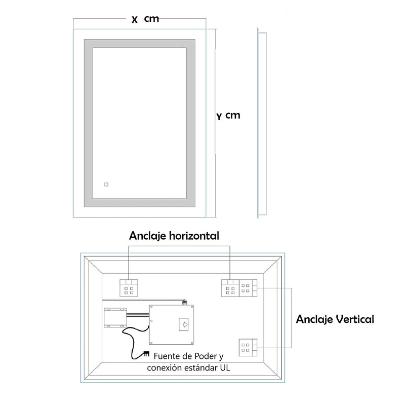 Espejo rectangular 60x80 cm Borde Negro con luz LED de 3 tonos boton tactil funciona para instalacion Vetical y Horizontal