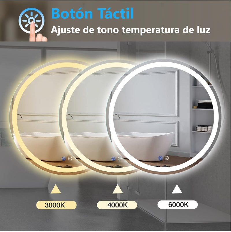 Espejo Circular Diametro 60cm con luz LED de 3 tonos boton tactil
