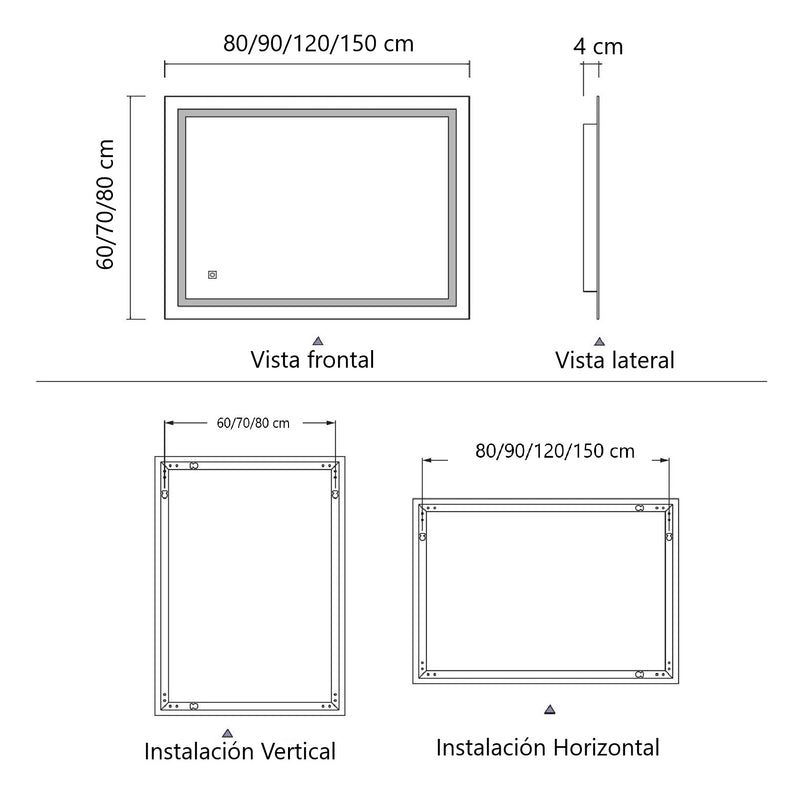 Espejo rectangular 60x150 cm con luz LED de 3 tonos boton tactil funciona para instalacion Vetical y Horizontal