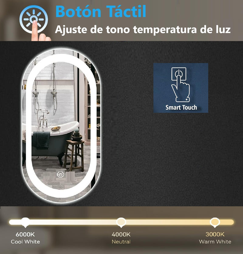 Espejo Ovalado 50 cm ancho x 100 cm alto con luz LED de 3 tonos boton tactil