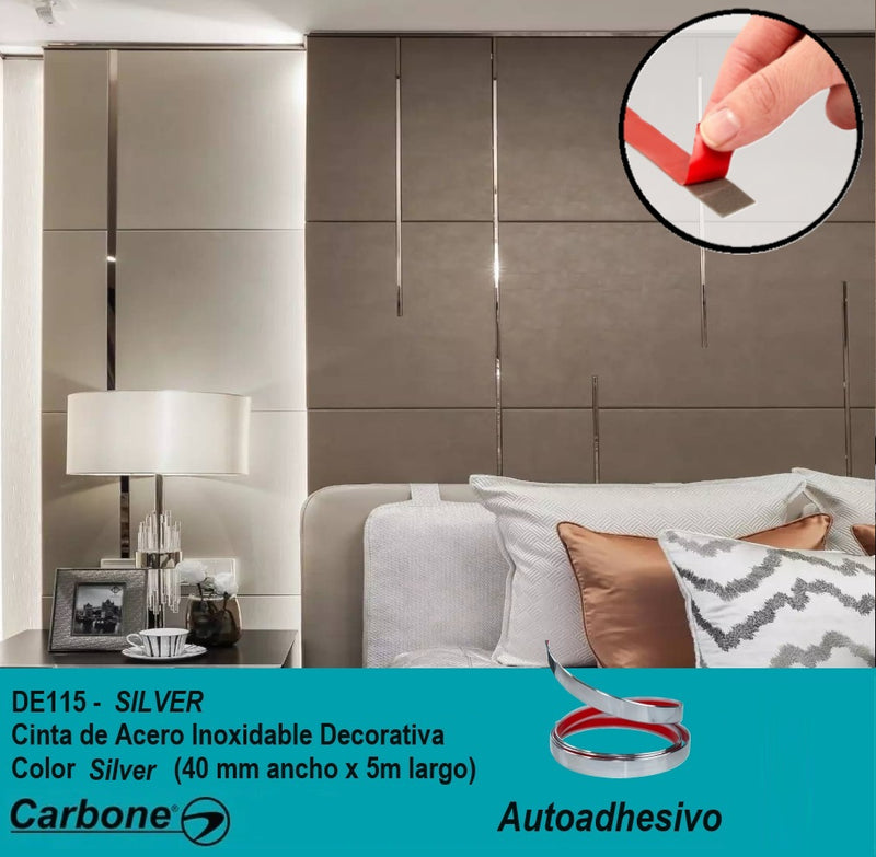 Cinta de acero Inoxidable Silver brillante Tira Autoadhesiva Decorativa delgada 2 cm x 5m largo para marmol PCV