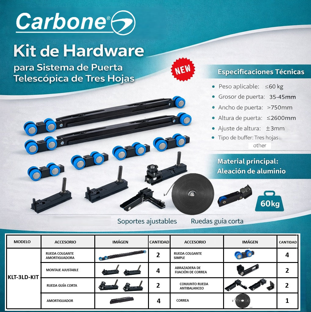 Kit de Hardware para Puerta Telescópica Corredera de 3 Hojas | Sistema de Arrastre Sincronizado hasta 60 kg por hoja NO INCLUYE PERFILES