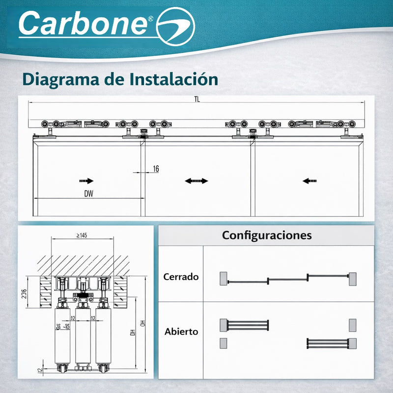 Kit de Hardware para Puerta Telescópica Corredera de 3 Hojas | Sistema de Arrastre Sincronizado hasta 60 kg por hoja NO INCLUYE PERFILES