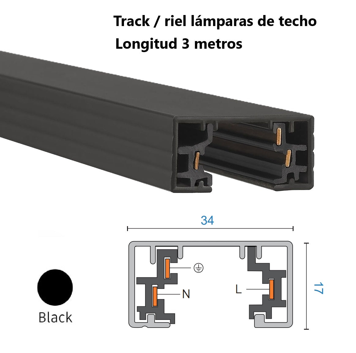 Riel Track 3 metros long 3 cables para sistema de lamparas colgantes, perfil Grueso de Alta calidad Color Negro