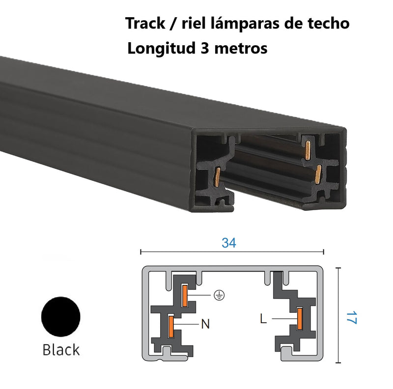 Riel Track 3 metros long 3 cables para sistema de lamparas colgantes, perfil Grueso de Alta calidad Color Negro
