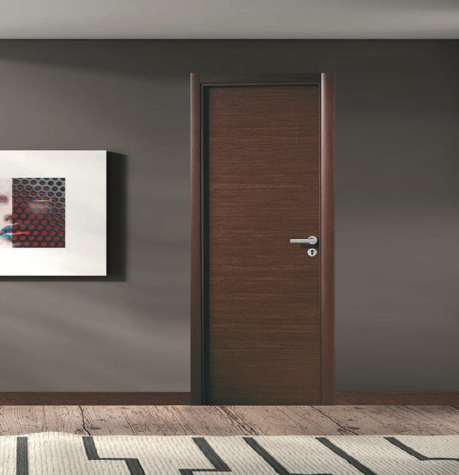 Puerta WPC 45mm madera interior Roble oscuro 85x215cm incluye marco completo y herrajes silver. Altisima calidad y resistencia