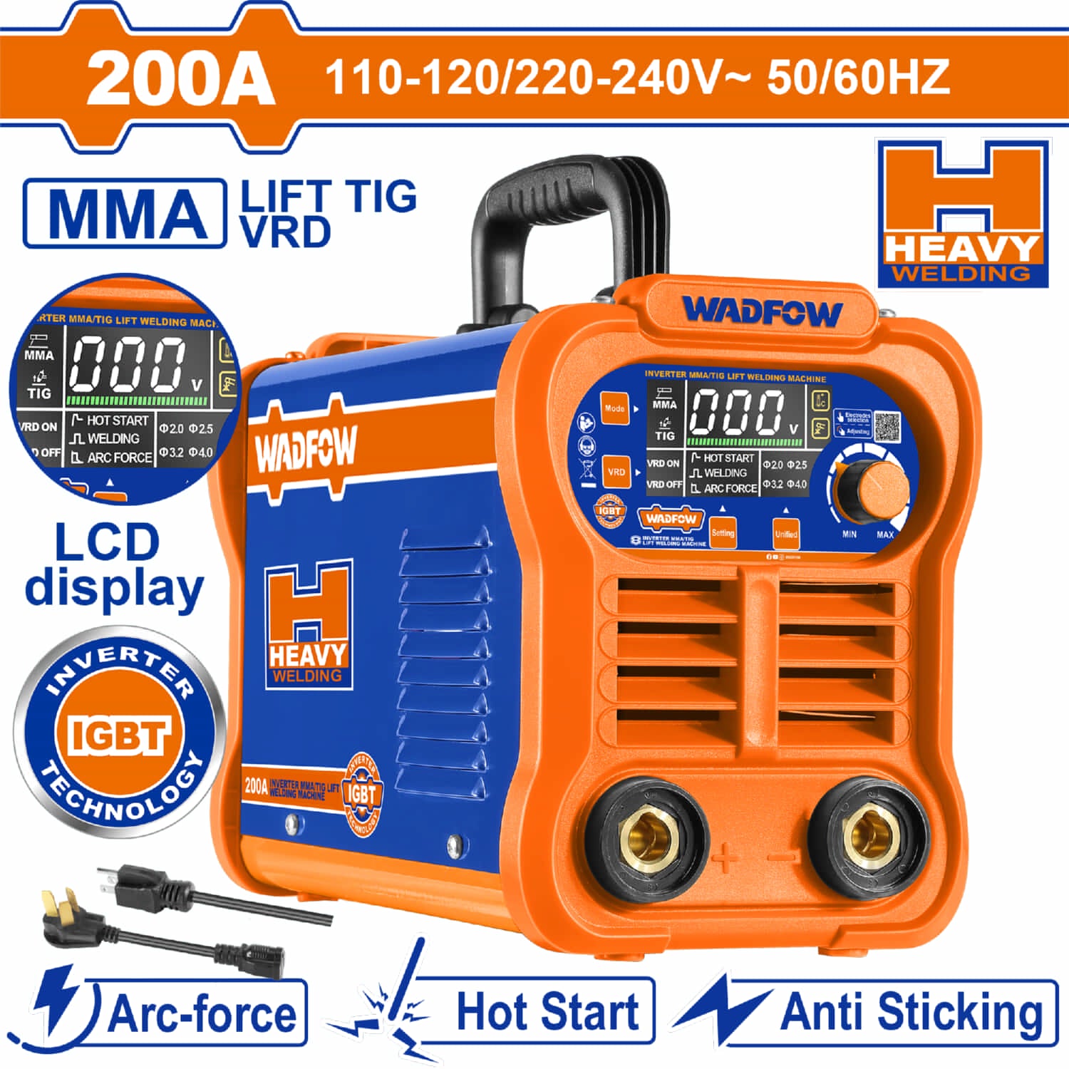 Máquina de Soldar Inverter Heavy Duty. 60% ciclo de trabajo. Pantalla LCD. 200A. 110-120V.TIG.VRD.