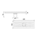 Desague Drenaje de piso rectangular grande de 600x104 mm de lujo. Inox 304 satinado. Drenaje 43mm