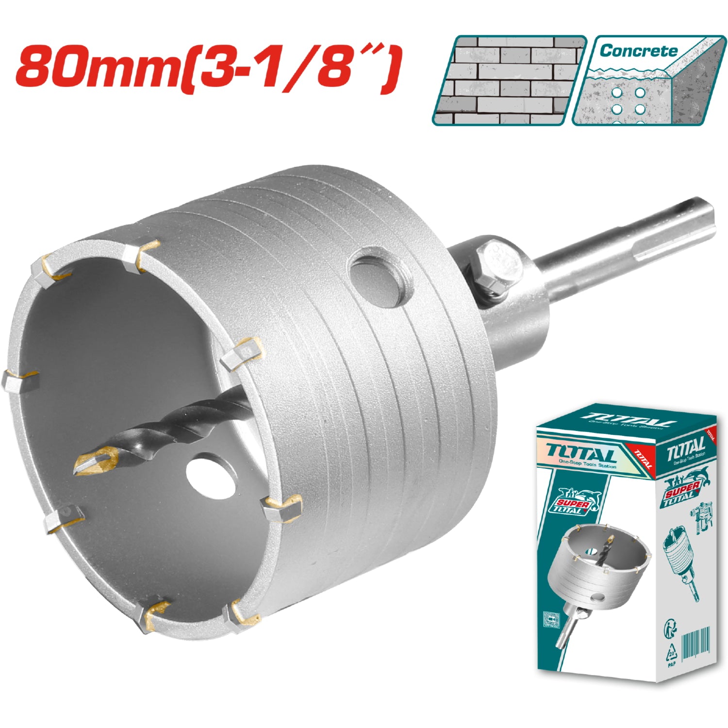 Broca Circular para Concreto. Diámetro: 80mm. 8 pzas de cuchillas TCT. Con Adaptador de 110mm.