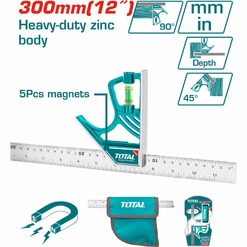 Escuadra Angular de Acero Inoxidable de 300mm (12"). Ancho 25mm. Espesor 2.0mm. Mango ajustable.