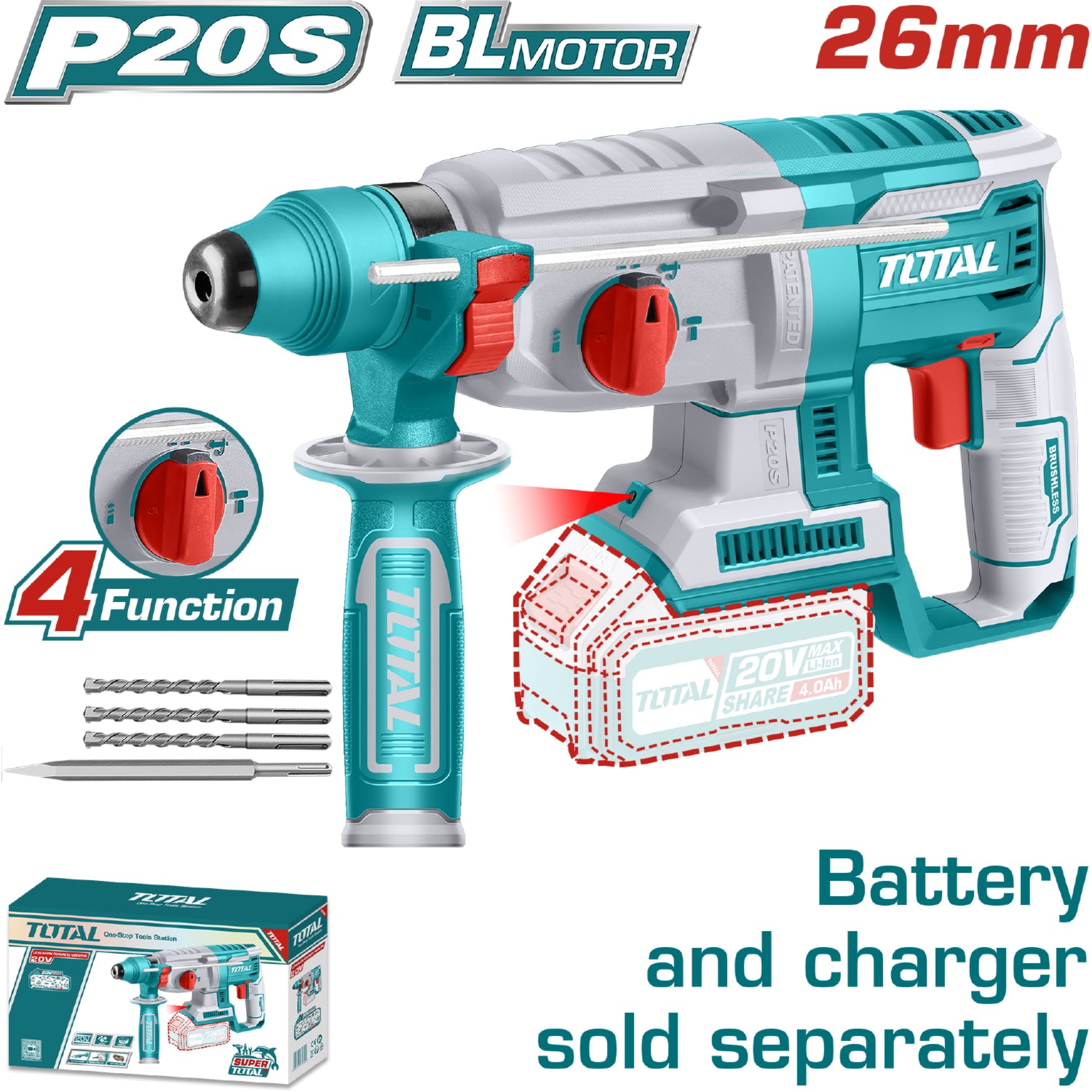 Rotomartillo SDS inalámbrico 20v de iones de litio (SIN CARBONES)