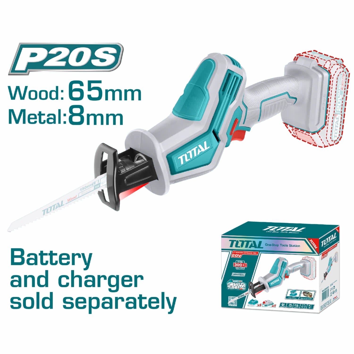 Sierra Sable Reciproca 20V 3200rpm. Corta metal y madera. Batería y cargador por separado.