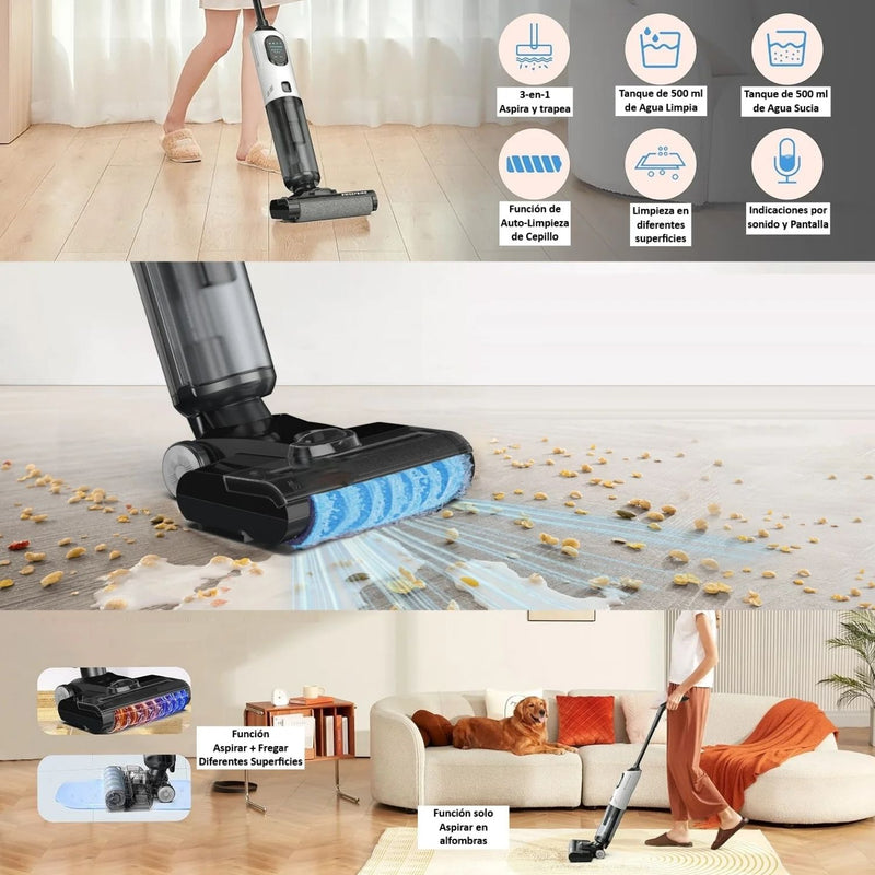 Trapeador fregona Mopa Aspiradora electrica inteligente inalámbrica recargable, Mopea y aspira, agua seco y húmedo. 170W batería  2600 mAh función de autolimpieza