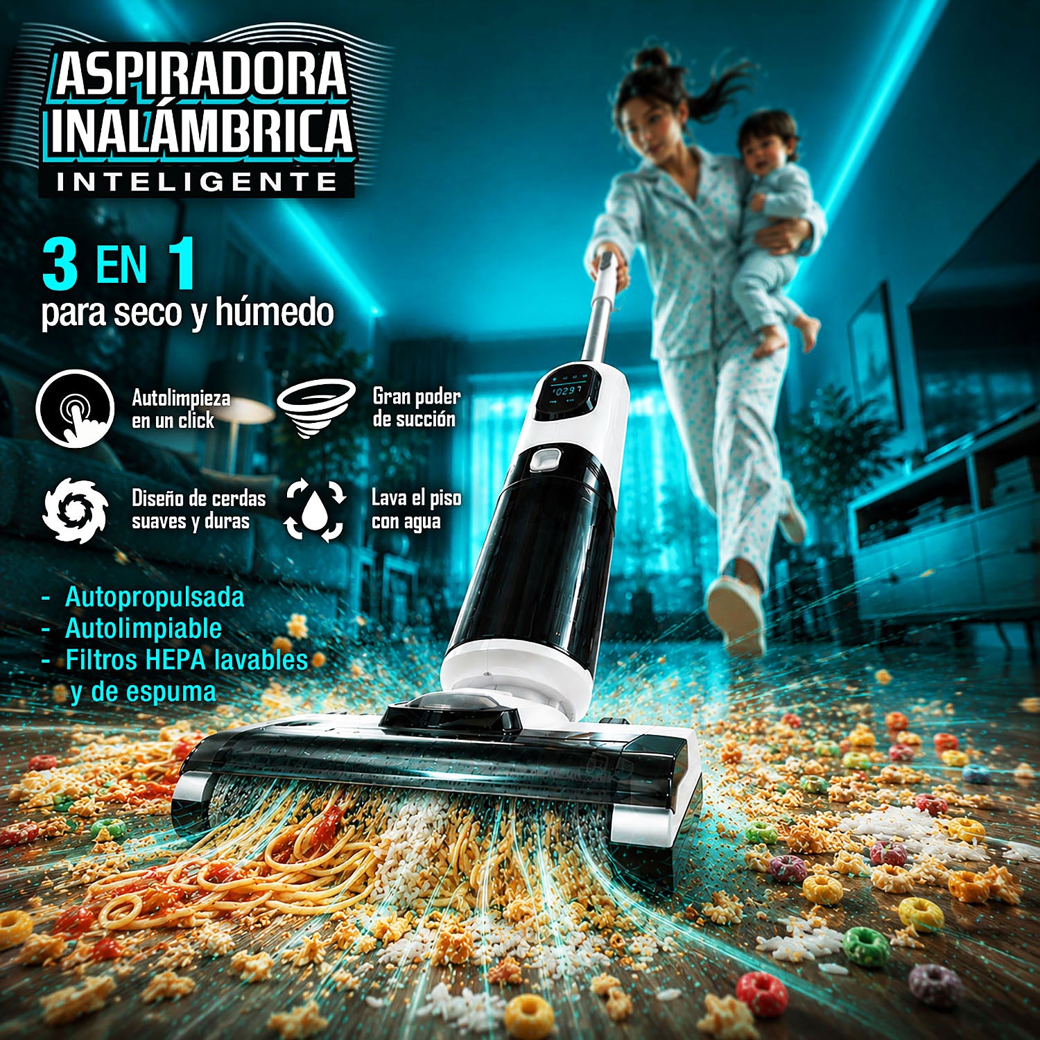 Trapeador fregona Mopa Aspiradora electrica inteligente inalámbrica recargable, Mopea y aspira, agua seco y húmedo. 170W batería  2600 mAh función de autolimpieza