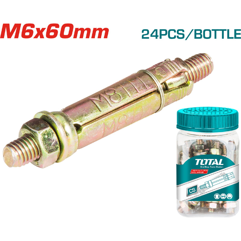 24/pza Taco galv de 4 pcs carcasa heavy duty M6x60. Diam. Externo 10 mm. Largo carcasa 40 mm.