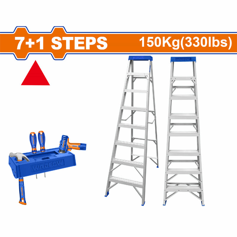 Escalera de tijera aluminio 7 pasos. Altura de cada paso: 252mm. Carga máxima: 150kg