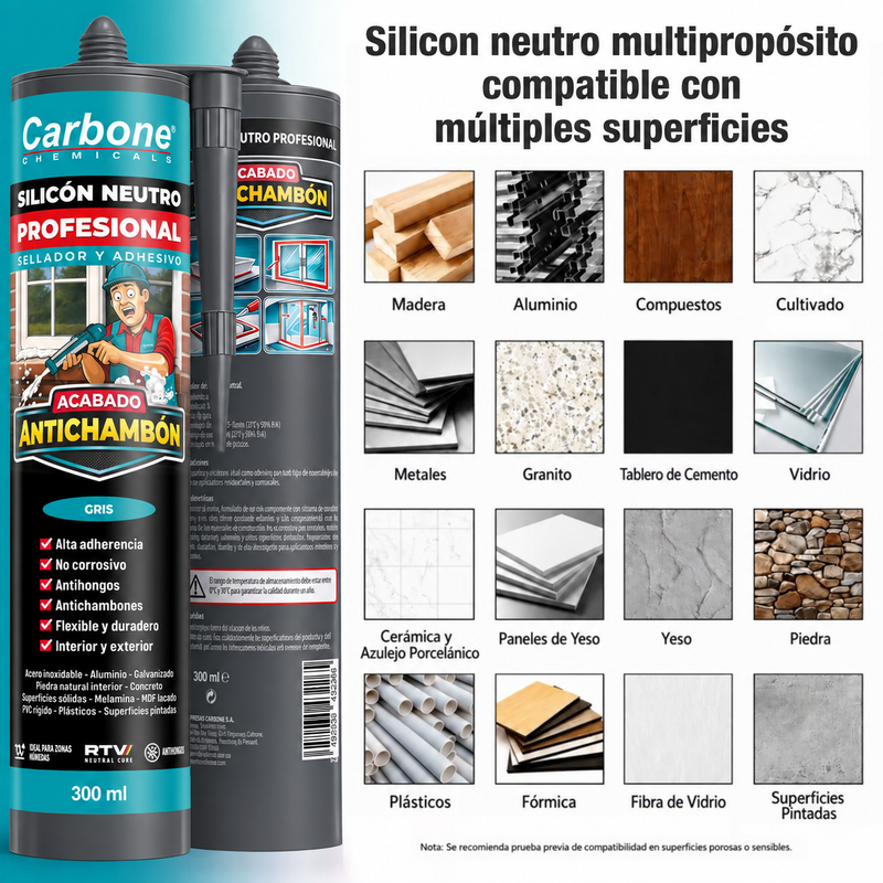 Silicón Neutro color Gris Oscuro Multipropósito 300 ml  Calidad Profesional. Sellador Silicona.