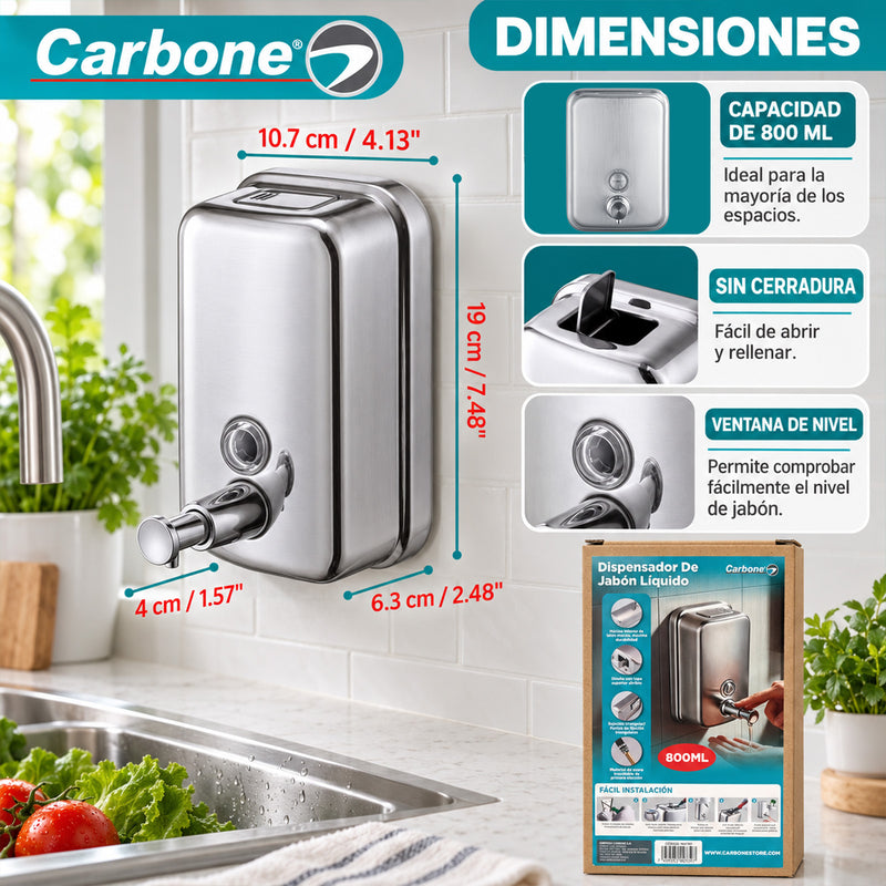 Dispensador De Jabón Líquido 800 ml de Acero Inoxidable 304 Satinado. Dosificador Manual Para Pared.