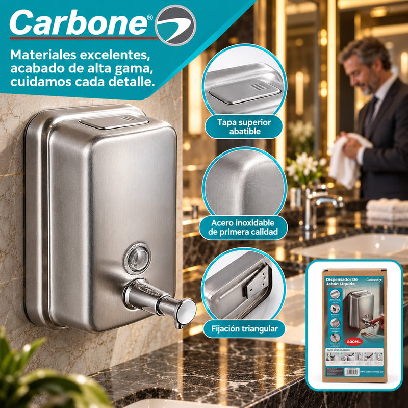 Dispensador De Jabón Líquido 800 ml de Acero Inoxidable 304 Satinado. Dosificador Manual Para Pared.