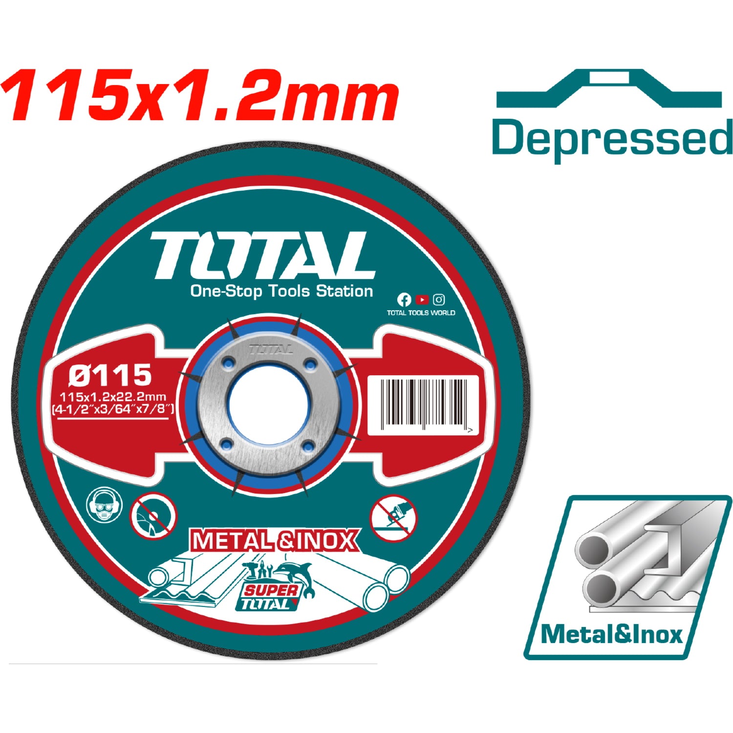 Disco corte metal y acero inoxidable 115 mm(4-1/2") x 1.2 mm（3/64" x 7/8") Concavo. (1 pza)